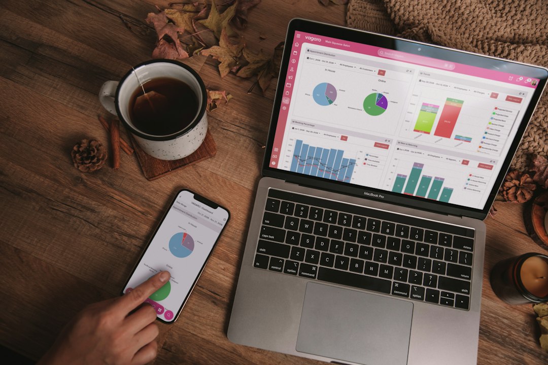 A laptop and smartphone displaying analytics dashboards on a wooden desk with a mug